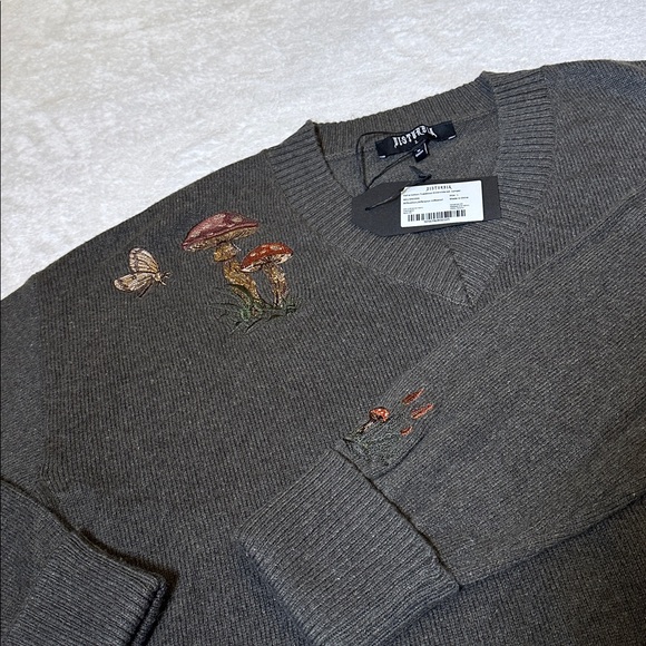 Nwt Disturbia Cotton Wool Blend Earthy Mushroom Butterfly Embroidered Sweater L - Picture 7 of 11